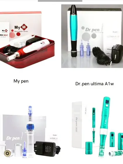 We source a variety of handheld dermatology tools to fit different clinical needs. This image displays several models of microneedling devices we can procure for your practice, including different versions of the popular Dr. Pen.