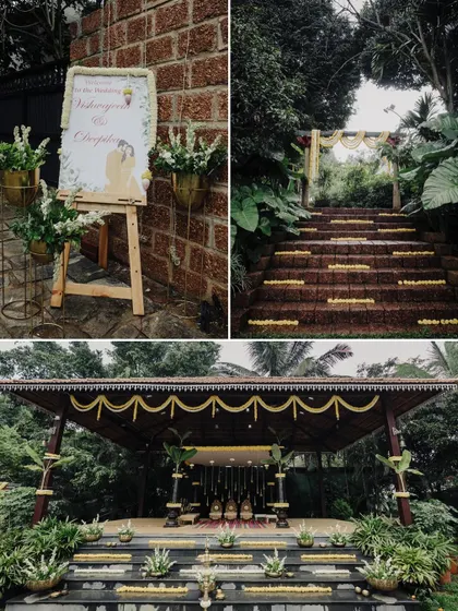 A snapshot of the wedding venue's decor, featuring a welcome sign, a beautifully decorated staircase, and the main stage, all creating a cohesive and elegant theme.