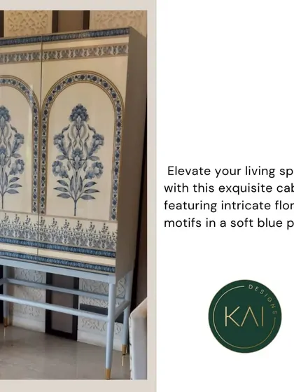 We crafted this exquisite cabinet featuring intricate floral motifs in a soft blue palette. This piece serves as a beautiful example of our custom decal and finishing work, turning a functional item into a piece of art.