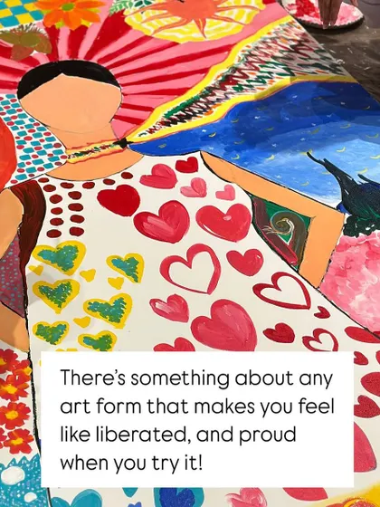 A detail from one of the collaborative canvases, showing the different patterns and styles that came together to form a whole.