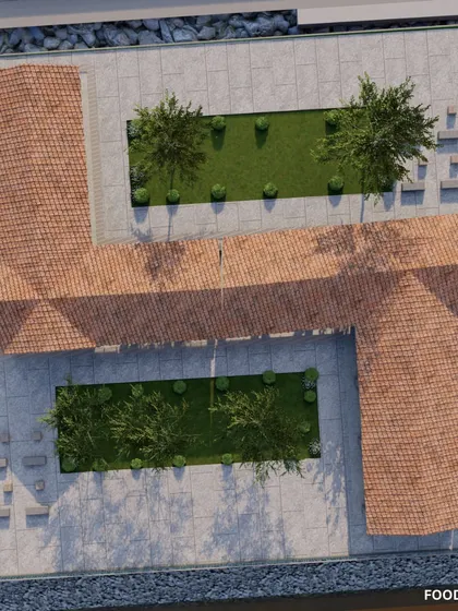 The architectural plan for the Food Court, designed with an L-shape to create sheltered courtyards for outdoor dining.