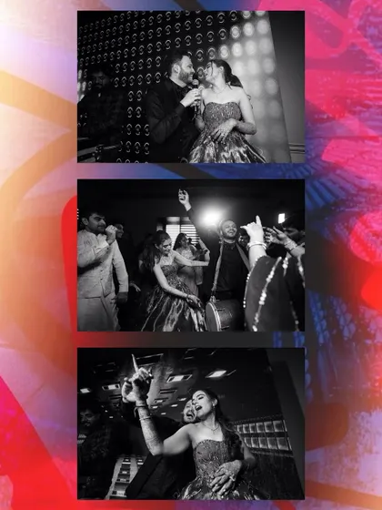 A black and white triptych of the couple and guests dancing, emphasizing the raw energy and emotion of the party.