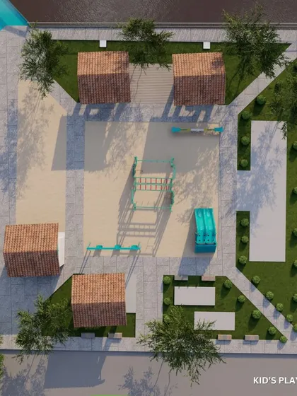 The site plan for the Kid's Play Area, showing a mix of sand pits, play structures, and green spaces, all safely enclosed within a dedicated zone.