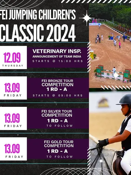 The schedule of events for the FEI Jumping Children's Classic. We are excited to host this prestigious competition and welcome young riders from all over.