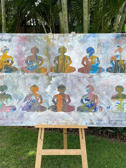 This 36x54 inch painting was created for the Kundalpur Kala Utsav, a fine arts festival celebrating Jain heritage. It's an introspective piece depicting the 1008 Kalash Abhishek, or sacred anointment, after a Tirthankara's salvation.