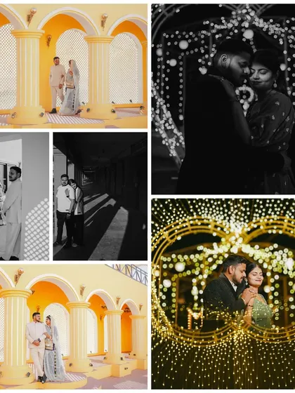 This collage showcases my artistic approach, blending shots from our colorful yellow archway set with moody, black and white portraits under a heart-shaped light installation.