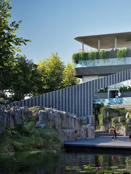 A render of a clubhouse designed for the Vedha community, built into a stone quarry. The design features terraced levels for activities like yoga, right next to a natural water body.