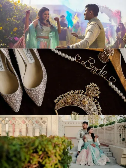 A collage of wedding details, including the bride's Jimmy Choo shoes, her jewelry, and a fun shot of the couple, showing that details are part of the larger story.