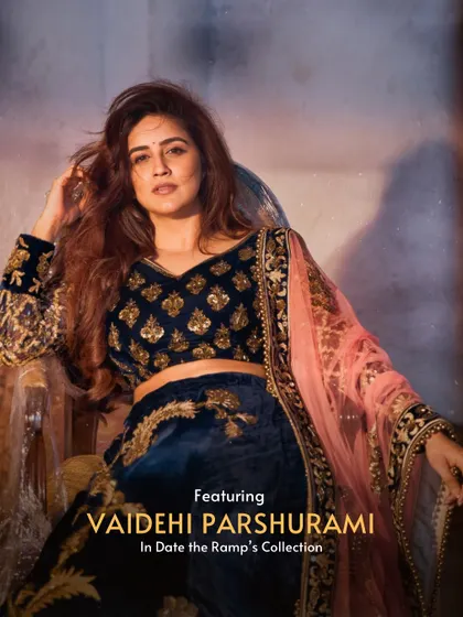 Featuring Vaidehi Parshurami in a stunning navy velvet lehenga from my collection.