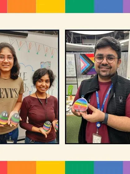 More happy participants showing off the pebbles they painted during our workshop at Intuit to celebrate Pride month.