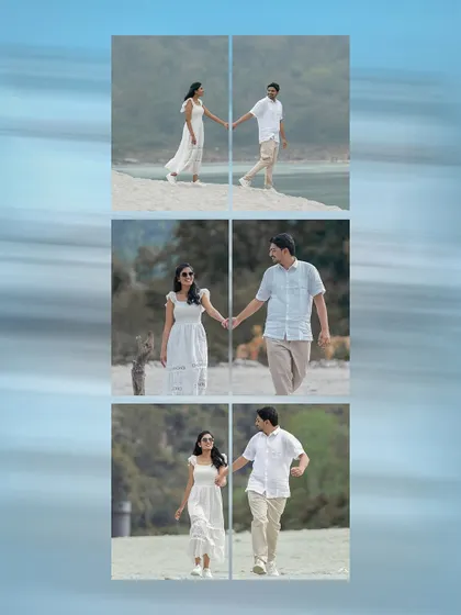 A collage showing a romantic walk along the beach. The couple, dressed in white, creates a beautiful contrast with the natural scenery, telling a story of a journey taken together.