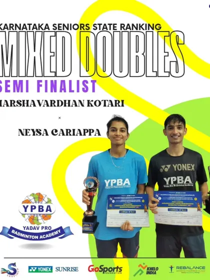 Harshavardhan Kotari and Neysa Cariappa reaching the semi-finals in Mixed Doubles at the Karnataka Seniors State Ranking.