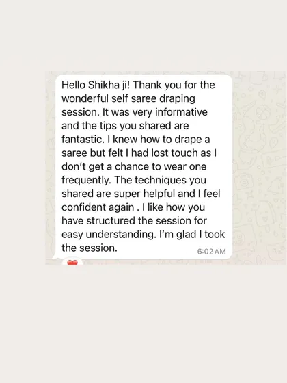 This student knew how to drape a saree but had lost touch. My session helped her regain her confidence with super helpful techniques.