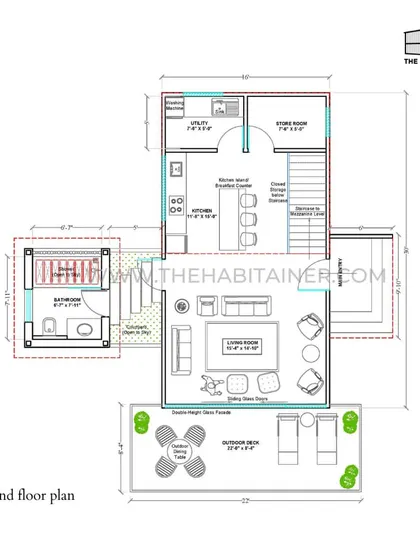 This is a ground floor plan for a container home, showing the layout of the living room, kitchen, utility area, and bathroom. It also details the outdoor deck, demonstrating how I integrate indoor and outdoor living spaces.