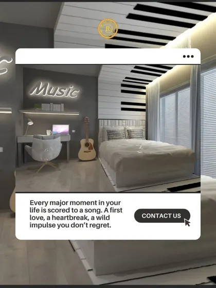 Another look at the music-themed bedroom, this time with a call-to-action overlay. It highlights the desk area and the creative details that make the space unique.