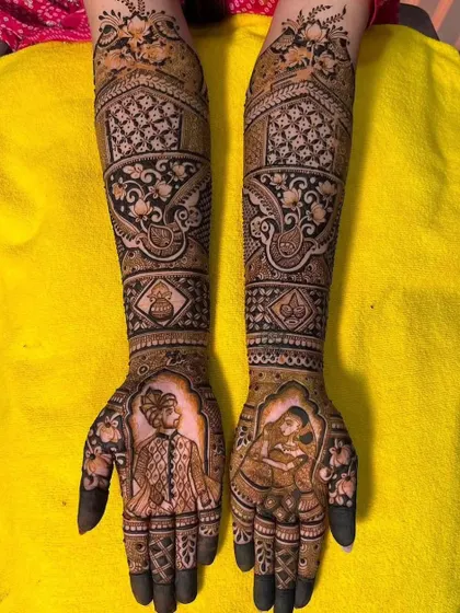 A classic bride and groom portrait design set against a vibrant yellow background, showing how the dark henna stain stands out.