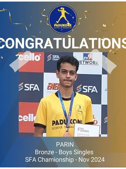 Celebrating Parin's Bronze medal win in the Boys Singles at the SFA Championship. A great result reflecting his dedication.