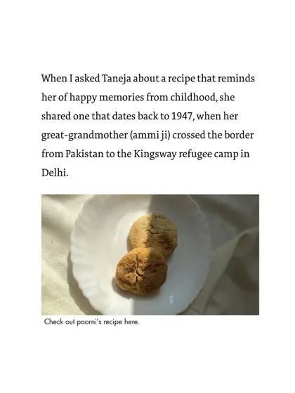 The story behind the Poorni recipe, which dates back to 1947 when the founder's great-grandmother crossed the border from Pakistan to a refugee camp in Delhi.