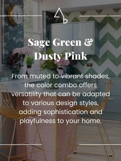 A sage green and dusty pink color combination offers incredible versatility. This pairing can be adapted to various design styles, adding a sophisticated yet playful touch to any interior, as seen in this stylish kitchen design.