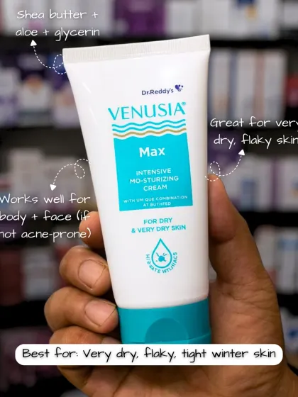 Venusia Max is a great choice for very dry, flaky, and tight winter skin. It's an intensive moisturizing cream with shea butter and aloe that works well for both the face and body.