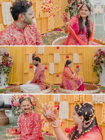 A playful sequence of the couple showering each other with flower petals during their haldi ceremony. These candid shots are full of movement, laughter, and pure fun.