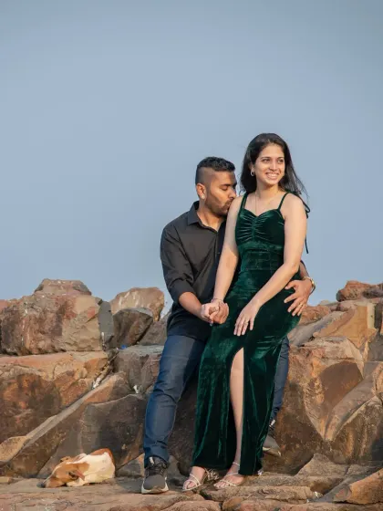 A sweet and tender moment during a pre-wedding shoot by the sea. The natural interaction between the couple makes for the most authentic and heartfelt photos.