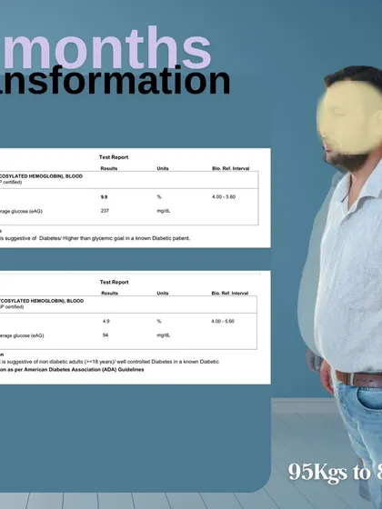 These are the lab reports that show the real story behind a health transformation. For my client Haris, his HbA1c went from a diabetic 9.9 to a non-diabetic 4.9. This is what reversing diabetes through diet looks like.