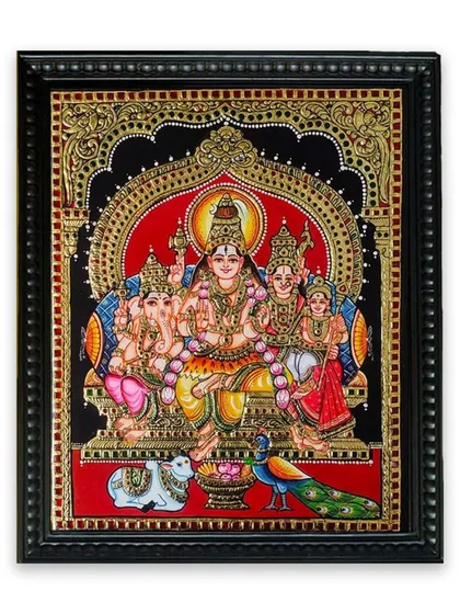This Tanjore painting of the Shiva Family is a beautiful depiction of divine unity. The presence of Lord Shiva, Parvati, Ganesha, and Kartikeya makes it a complete and auspicious piece for any home.
