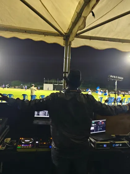 My view from the DJ console at a corporate cricket tournament. I provide sound and music for the entire ground, keeping the energy high for over 1,000 participants.