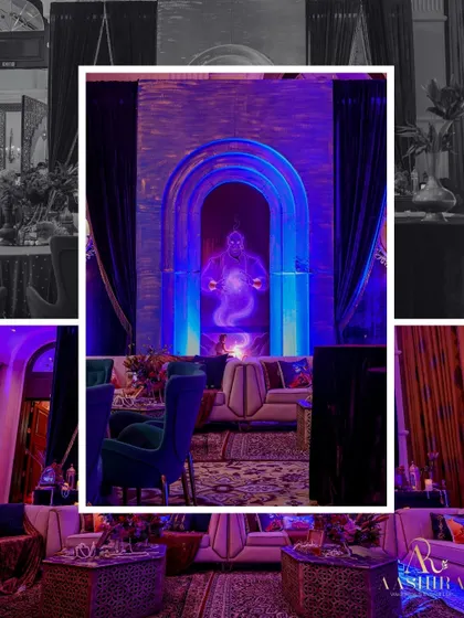 A collage showcasing the "Aladdin Genie Glow" theme, from the main backdrop to the cozy, detailed seating areas.