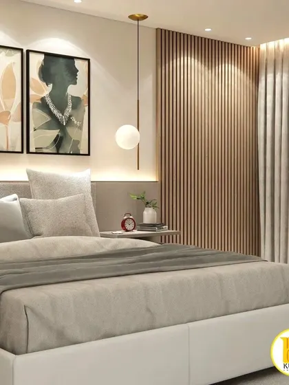 A bedroom with a soft, warm aesthetic, featuring botanical art and modern pendant lights.