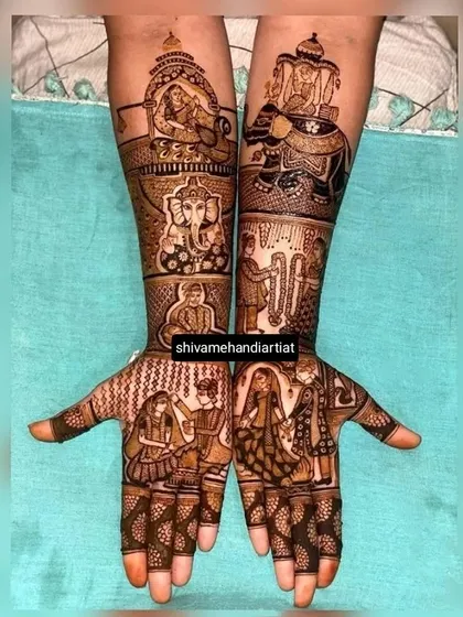 A vibrant story mehendi depicting the baraat with the groom on an elephant, the doli ceremony, and portraits of the couple exchanging garlands.