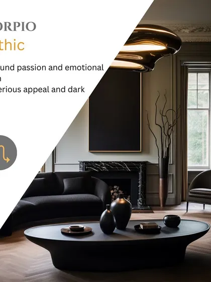 The passionate and mysterious Scorpio is matched with the Gothic style, known for its dark hues and dramatic, emotional depth.