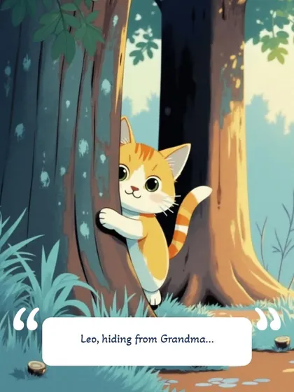 The playful cat, Leo, hiding from Grandma in the woods, unaware of the special treat waiting for him.