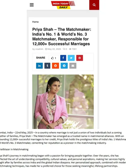 Various publications like India Times, India Today, Ahmedabad Mirror, and The Hindustan Express have featured my success in arranging over 12,000 marriages. They recognize me as India's No. 1 and World's No. 3 Matchmaker, cementing my reputation as a pioneer in the industry.