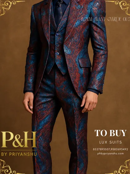 A detailed view of the patterned suit's fabric, showing the intricate weave and the dynamic interplay of red and blue threads that create its unique, almost liquid appearance.
