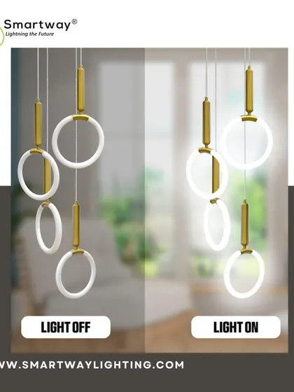 This graphic shows a modern ring pendant with its light on and off, and it also features our 3-color mode technology.