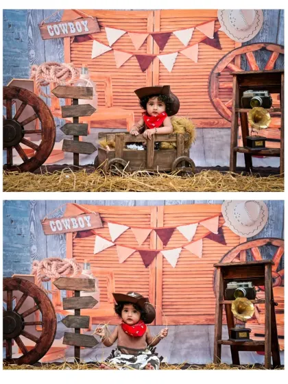 A two-photo set showing the little cowboy both in a wooden cart and sitting among the props, giving a full view of this creative and fun theme.