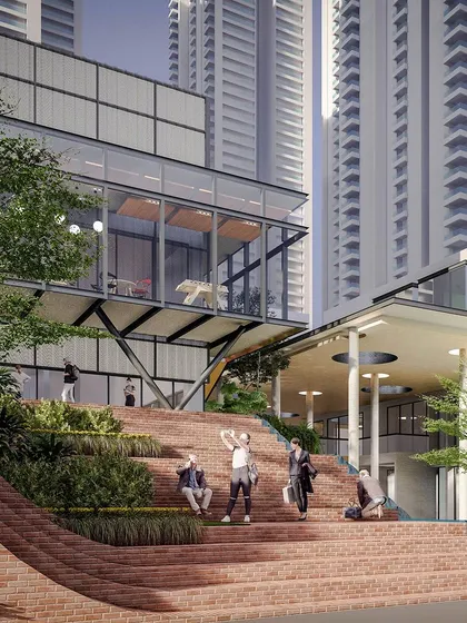 The brick step-amphitheater at the Myhome Vipina clubhouse provides informal seating and a place for community events. It demonstrates our focus on creating versatile public spaces that residents can adapt for various uses.