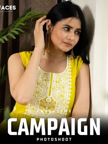 Another shot of the model in the yellow kurta, offering a different angle and expression for a versatile campaign.