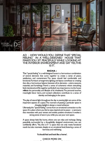 A magazine clipping from my DE Spotlight interview, where I explain the "special feeling" of a well-designed house. It’s about creating a sanctuary that resonates with your senses and feels like a true reflection of you.