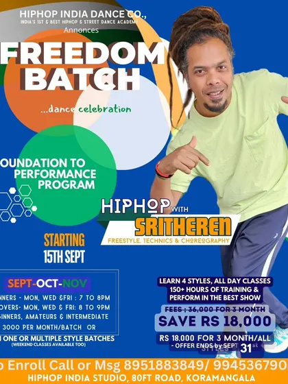 Our "Freedom Batch" announcement, a special program to master different styles. This poster details the Hip-Hop course with Sritheren, with options for amateurs and improvers.