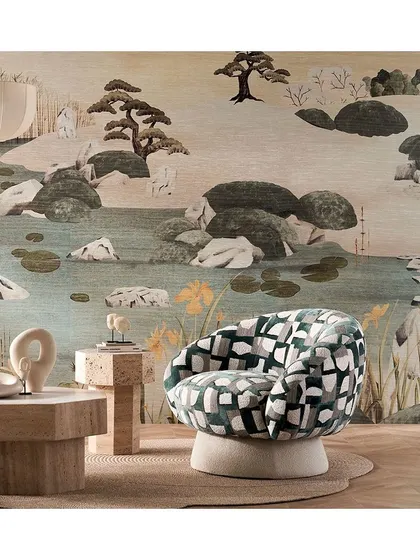 This Adachi wall covering from Casamance is inspired by the changing appearance of a Japanese garden. The rich and intricate design, with its serene landscape and detailed elements, adds a touch of oomph and luxury to your space.