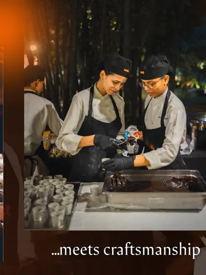 A collage showing our pastry chefs working together on a dessert station.