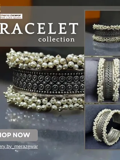 A closer look at my oxidized silver bracelet with pearl ghungroos. This piece has a beautiful traditional design that adds an ethnic touch to both modern and classic outfits. It's a versatile statement piece for your wrist.