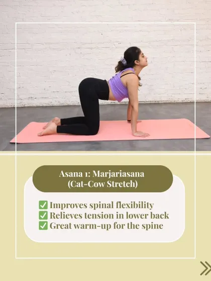 This infographic introduces a simple sequence for back pain relief, starting with Marjariasana, the Cat Cow Stretch. It highlights the key benefits, such as improving spinal flexibility and relieving lower back tension.