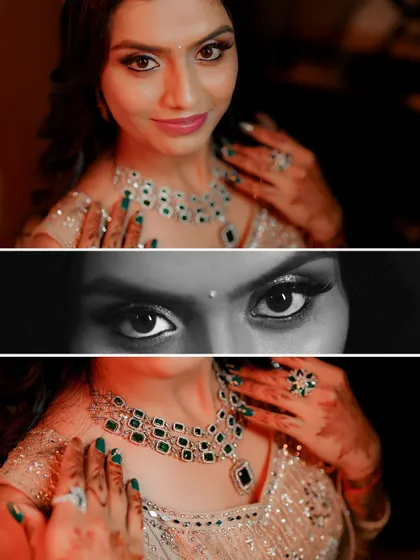 A dramatic collage focusing on the bride's expressive eyes and stunning jewelry, showcasing the details that make her engagement look unique.