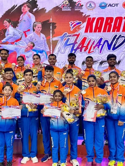 The full contingent of KIO India medalists at the Thailand Open Karate Championship. This image represents the depth of talent we are nurturing across various categories.
