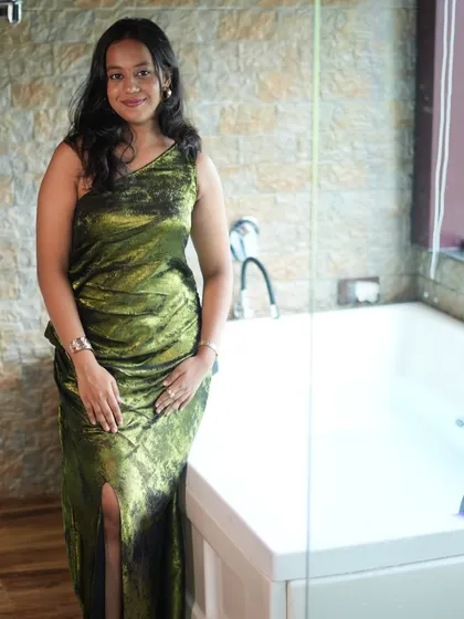 Launching my new affordable range! This olive green velvet gown with a side slit is available for rent at just ₹599.