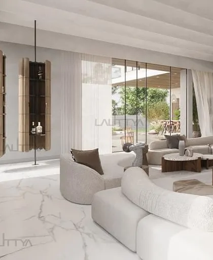 This design explores unique furniture pieces, like suspended bar cabinets, within an open-plan living space. The focus is on creating a curated, gallery-like feel with functional yet artistic elements.